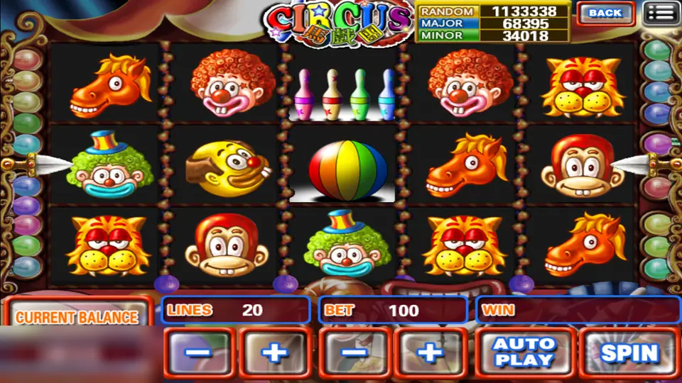 Circus reels with a clown with red curly hair, a green-haired clown, a horse, a tiger, a monkey, bowling pins and a striped ball