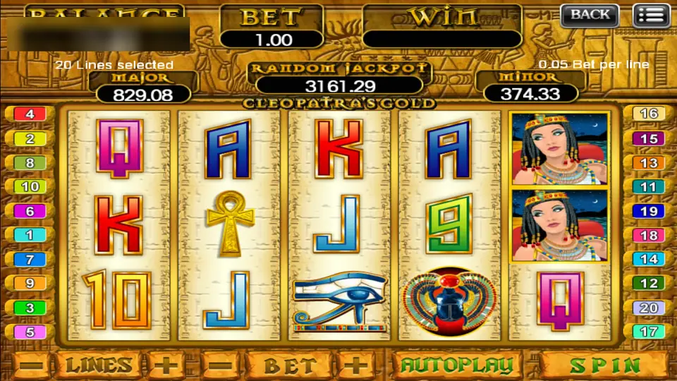 Cleopatra's Gold with Cleopatra stacked on reel five and the Eye of Horus and a scarab on the bottom row, bet 1.00
