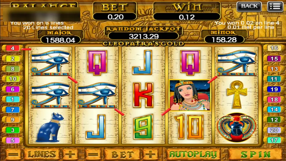 Cleopatra's Gold reels with Eye of Horus symbols on reels one and two, Cleopatra on reel four, a blue cat, an ankh and a scarab