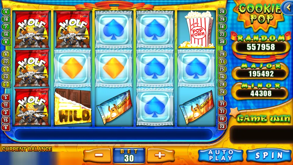 Cookie Pop before a spin, with three Wolf chip packets stacked on reel one, a Wild on reel two and a popcorn tub on reel five