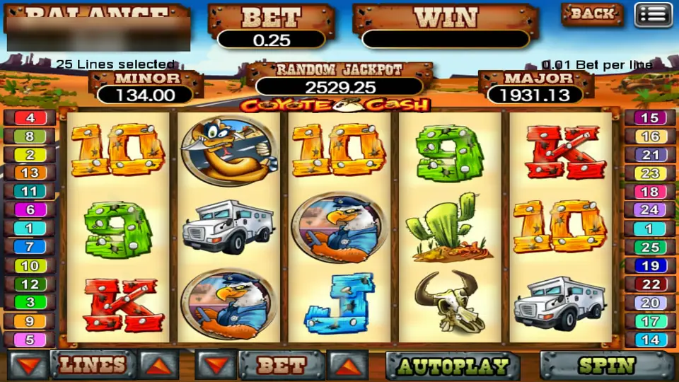 Coyote Cash before a spin with the eagle sheriff, an armoured truck, a snake and a cactus on the reels