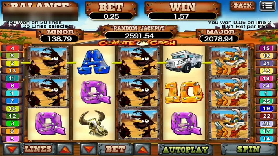 Coyote Cash with a win on 20 lines, burnt coyote silhouettes on reels one and three and the coyote on reel five