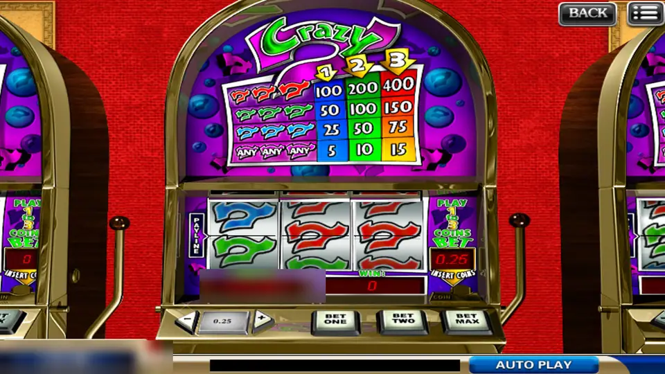 Crazy 7 cabinet with a pay table for red, green, blue and any sevens at 1, 2 and 3 coins, and three reels of coloured sevens below