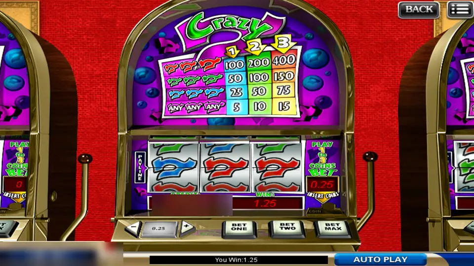 Crazy 7 after a win of 1.25 with three sevens of mixed colours on the payline