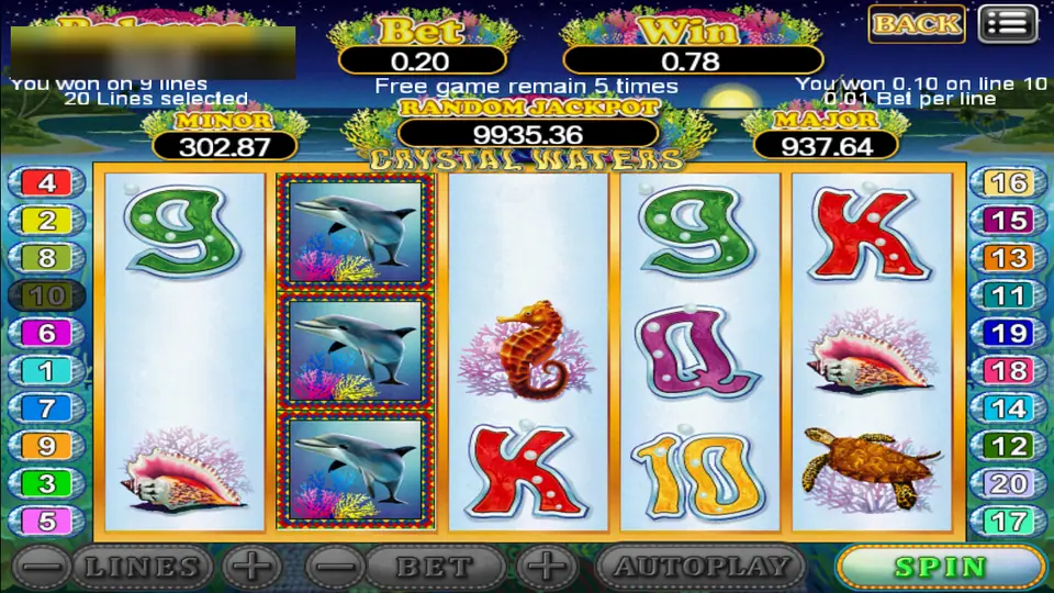 Crystal Waters reels with three dolphins stacked on reel two, a seahorse, conch shells and a turtle, and the text Free game remain 5 times