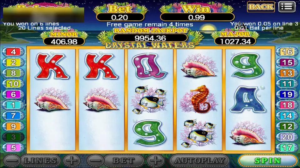Crystal Waters during free games with conch shells on reels one, two and five, a seahorse and tropical fish, and 4 free games left