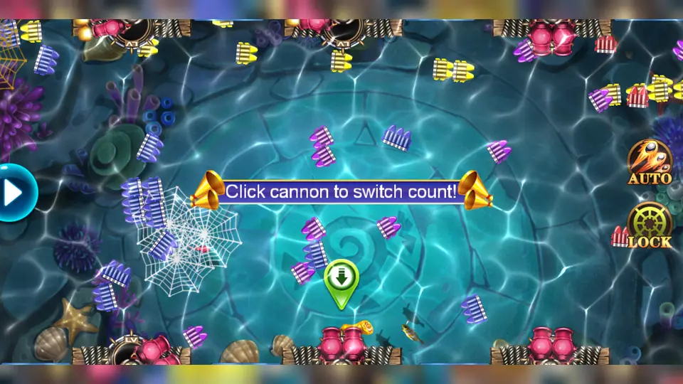 Da Sheng Nao Hai fishing room with six cannons around a reef, bullets crossing the water, a web-shaped net and the message Click cannon to switch count