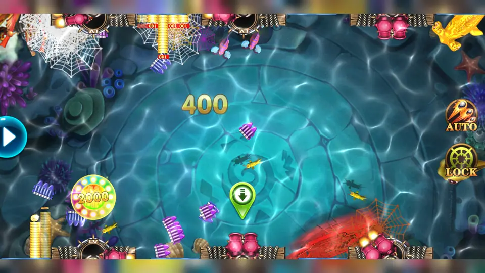 Da Sheng Nao Hai with nets bursting at the top, a 400 score floating in the middle, a 2000 coin wheel on the left and a large golden creature at the top right