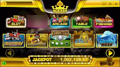 Older ACE333 lobby with Slot, Marvel, Arcade, Table and Fishing tabs and tiles for Highway Kings, Golden Tour and a dolphin slot