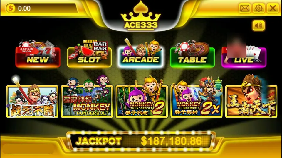 ACE333 lobby with New, Slot, Arcade, Table and Live tabs, five monkey-themed arcade tiles and a jackpot counter along the bottom