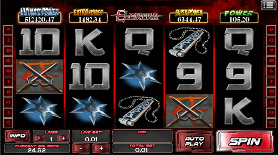 Elektra reels showing card letters, two crossed sai emblems, three shuriken and a nunchaku, with the bet panel set to one line