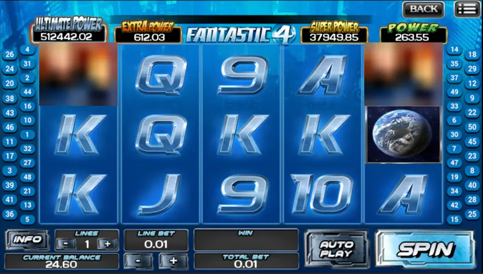 Fantastic 4 slot reels in blue with glassy card letters and an Earth symbol, two character tiles blurred, four jackpot meters above