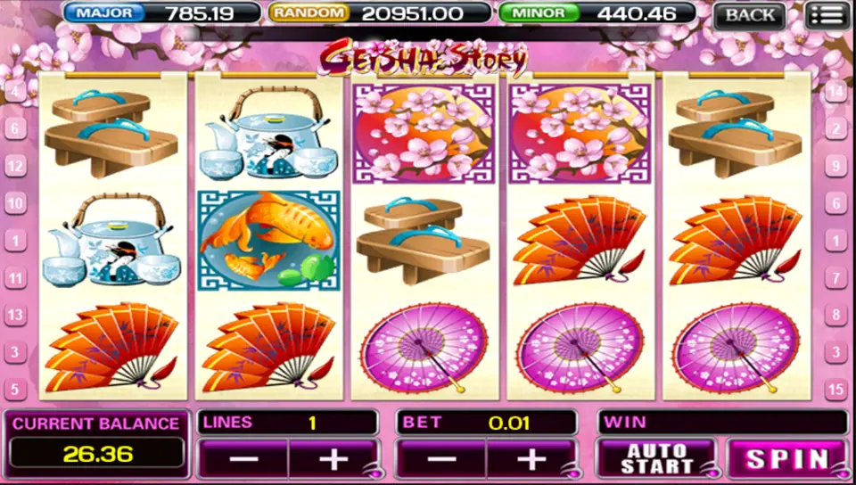 Geisha Story reels with sandals, fans, parasols, a teapot and koi, no characters on screen