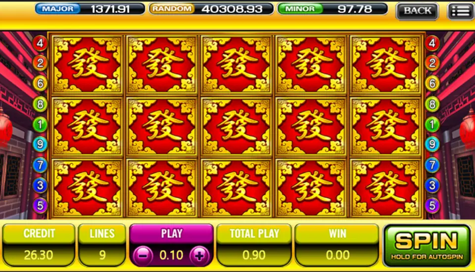 God of Wealth reels covered with red 發 tiles, total play 0.90