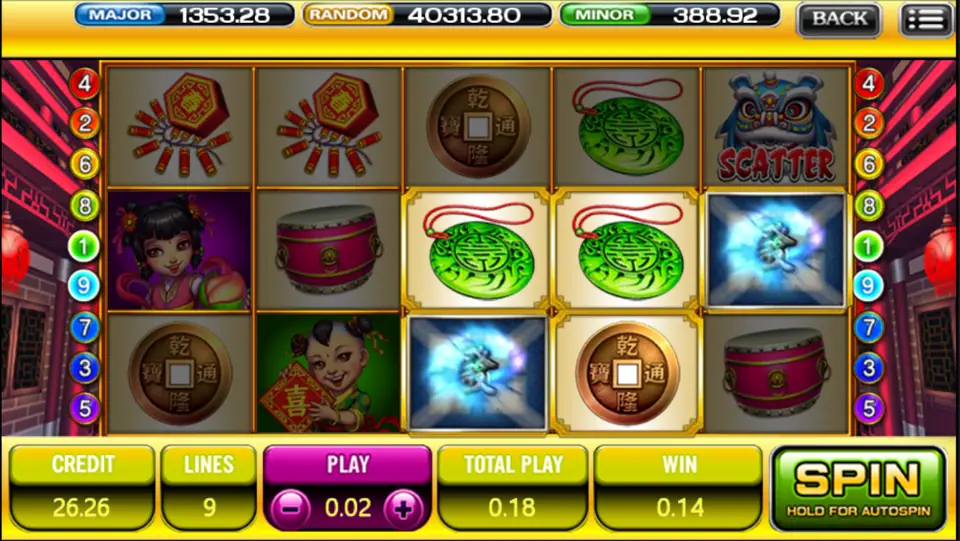 God of Wealth reels with drums, jade carvings and a scatter, a small win of 0.14 shown