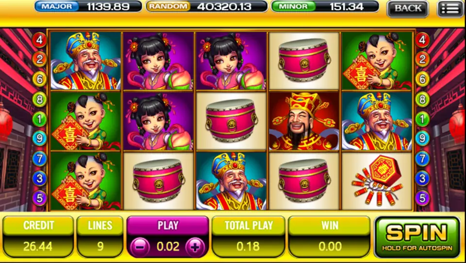 God of Wealth reels with the smiling wealth god, a girl and a boy in red, pink drums and firecrackers, nine lines at 0.02