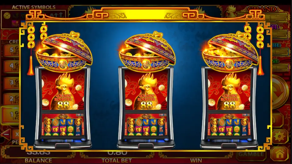 Three Golden Rooster 88 slot cabinets side by side, each topped with an open treasure pot full of gold