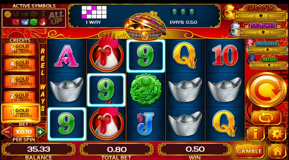Golden Rooster 88 reels with a rooster, silver ingots, a jade disc and a winning line of green nines, the Gold Symbols bet column on the left