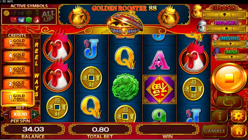 Golden Rooster 88 reels with red roosters, gold coins, a jade disc and a 福 diamond, bet 1 gold symbol at x0.10