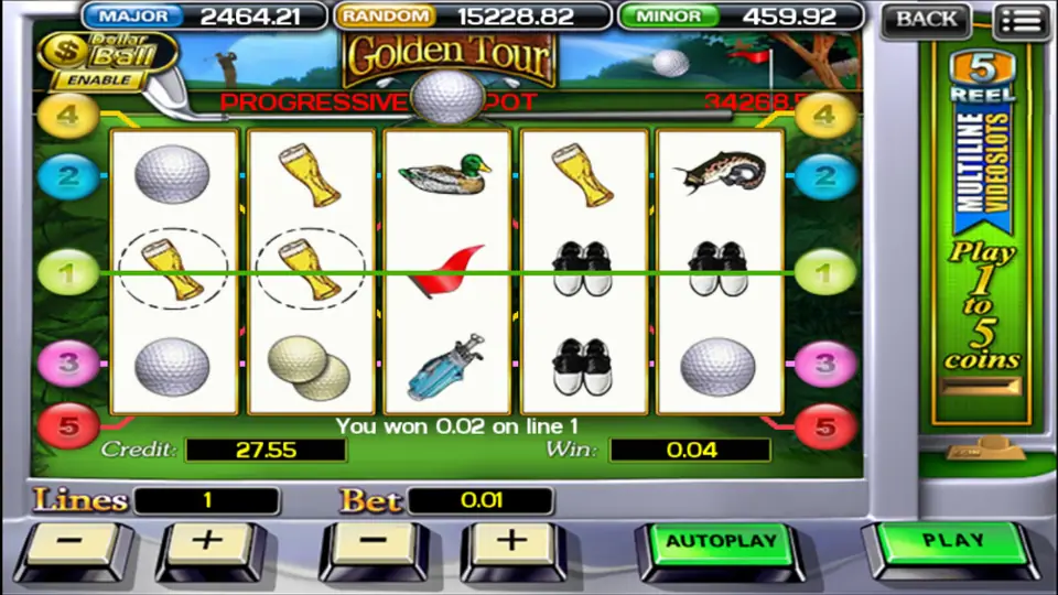 Golden Tour single-line spin with two beer glasses circled on line 1, a mallard, spiked shoes and a catfish, win 0.04