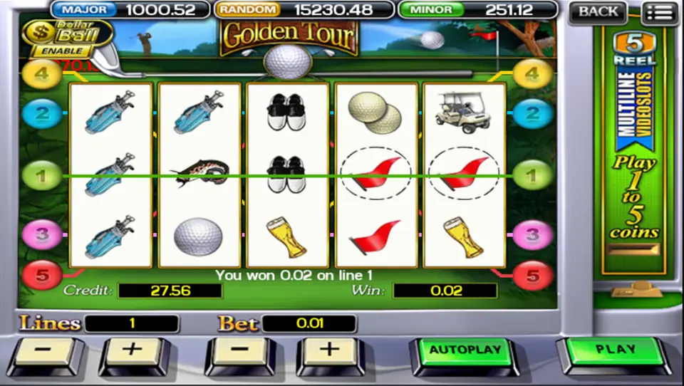 Golden Tour reels with golf bags, spiked shoes, a red flag and a beer glass, a small win on line 1