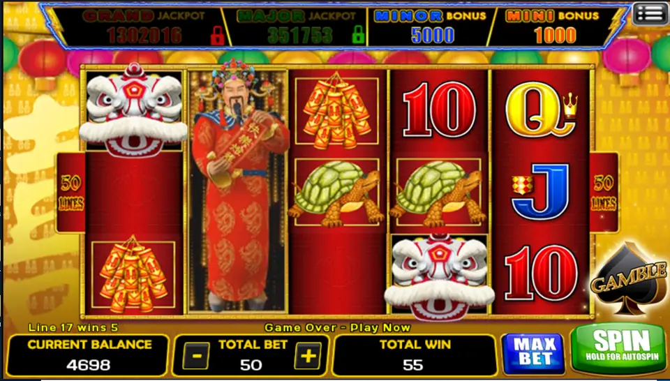 Happy Lantern reels with the wealth god stacked on the second reel, a lion dance head, turtles and card symbols, and a Gamble spade