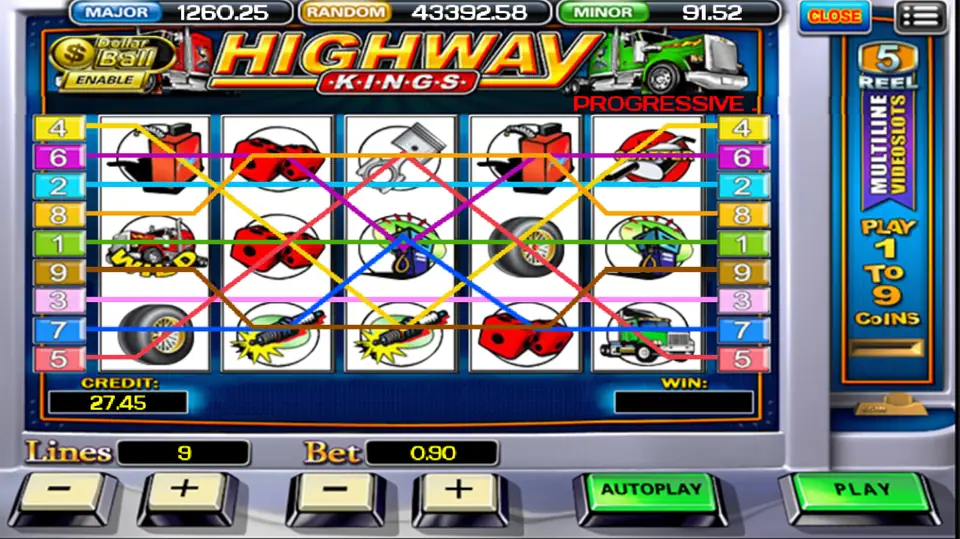 Highway Kings reels with all nine paylines drawn over trucks, tyres, a fuel can and dice, bet 0.90