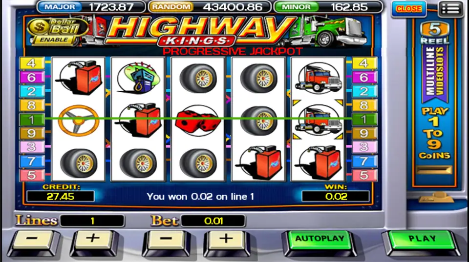 Highway Kings one-line win on line 1 with steering wheels, a tyre and a piston, message saying you won 0.02
