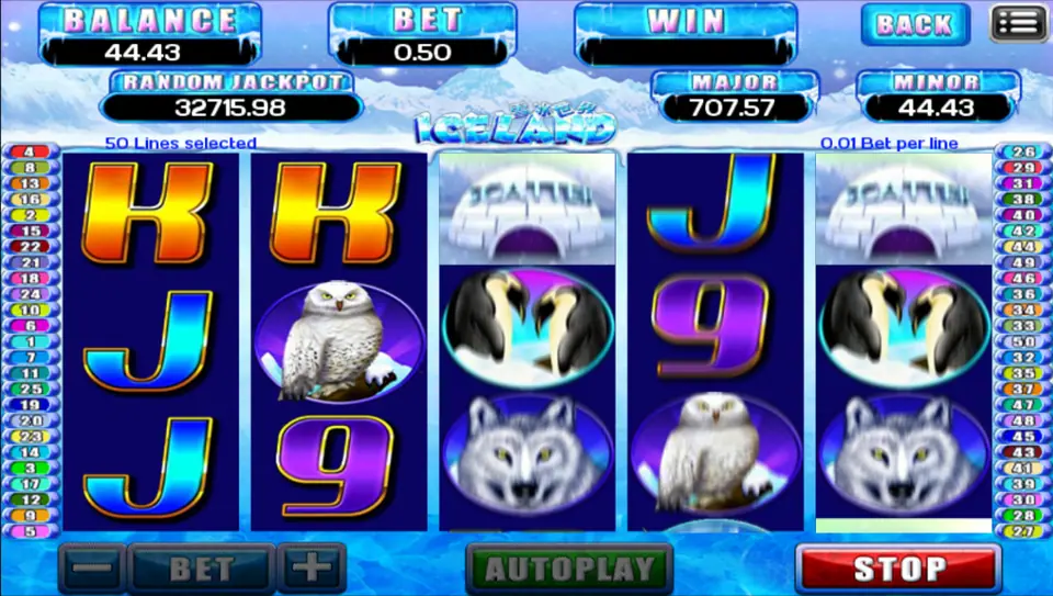 Iceland reels mid-spin with wolves, snowy owls and a penguin tile, bet 0.50