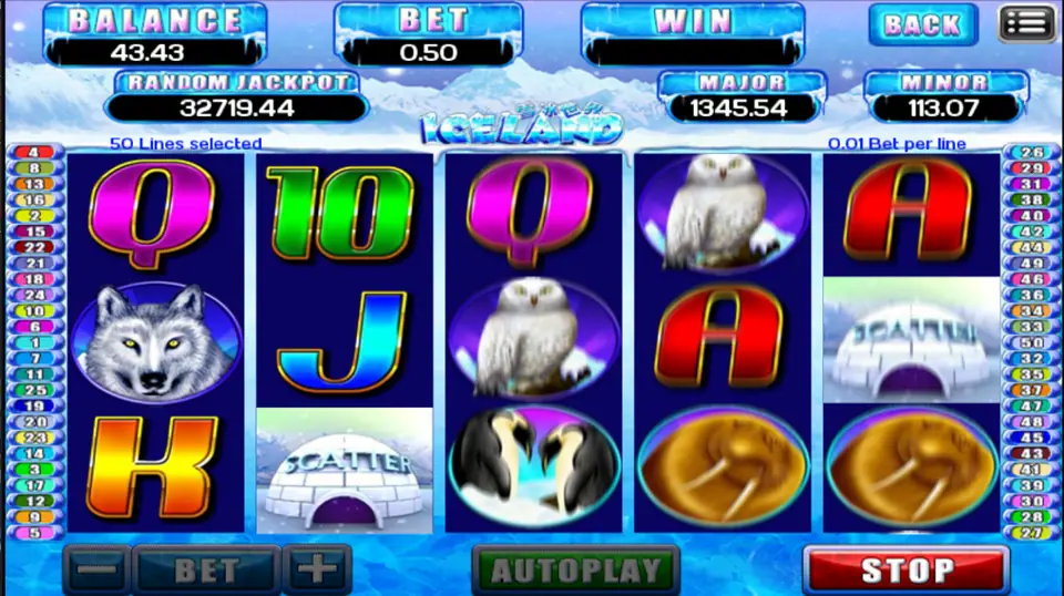 Iceland reels with igloo scatters on reels two and five, owls, a wolf, penguins and walruses, 50 lines selected