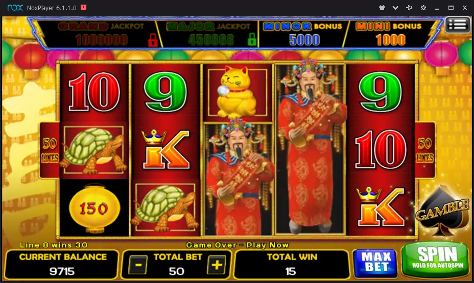 Lightning reels with the wealth god stacked on reels three and four, a lucky cat, a turtle and a 150 lantern