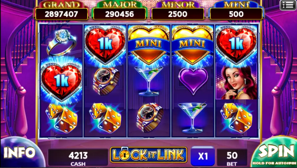 Lock It Link reels with 1k hearts on reels one, two and five, gold Mini hearts, a watch and gold dice