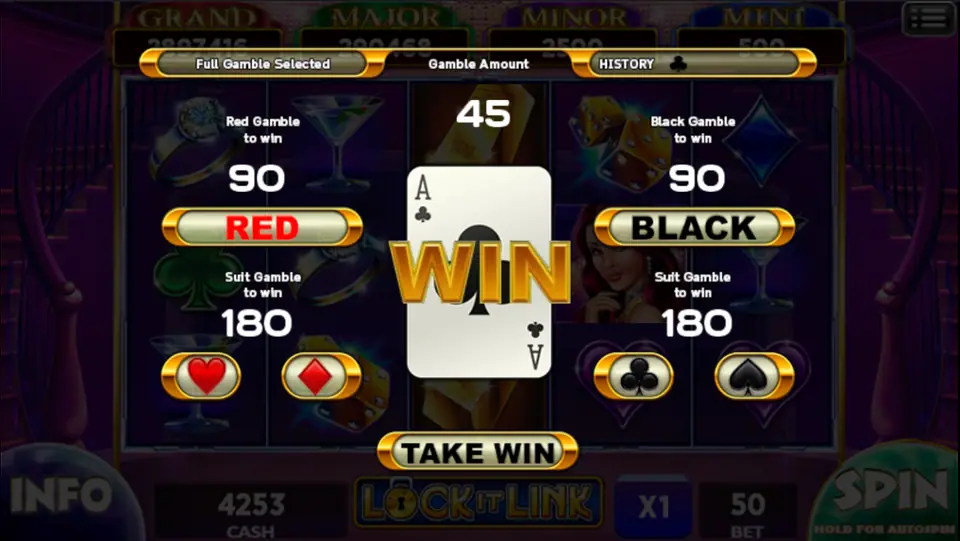 Lock It Link gamble screen with red and black buttons for 90, suit buttons for 180, and an ace of clubs marked WIN