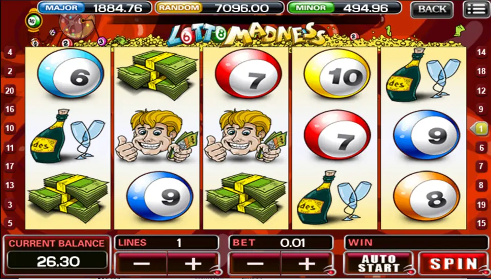 Lotto Madness reels with champagne, stacks of cash, the grinning winner and lottery balls