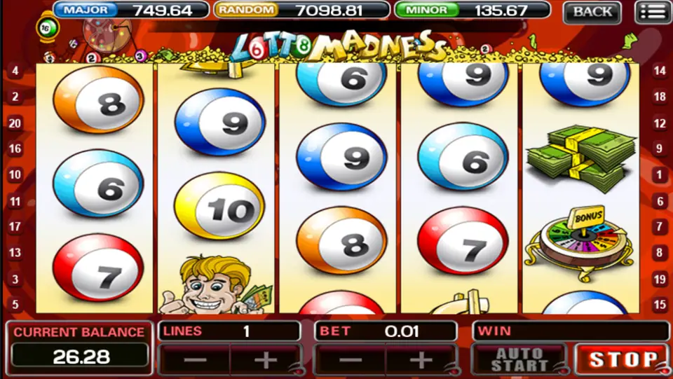 Lotto Madness reels with a bonus wheel, a cash stack and several lottery balls