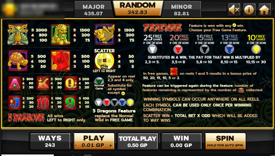 5 Dragons pay table with the dragon, lion, koi, turtle and red envelope, the coin scatter and the free-game options