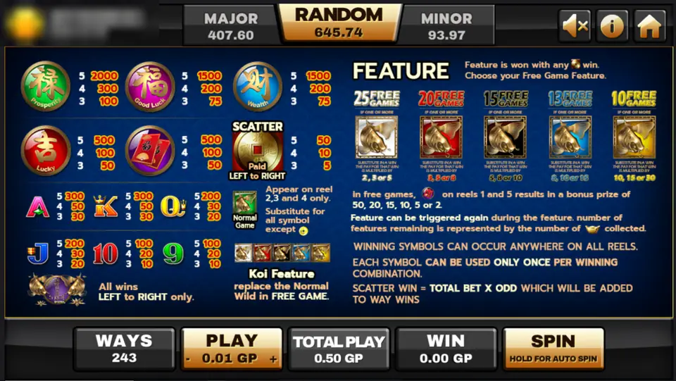 5 Koi Legends pay table and feature screen with the five free-game packs and their multipliers