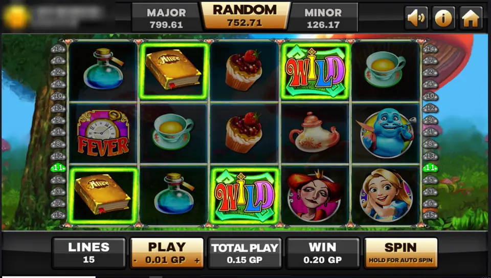 Alice reels with a Fever pocket watch on reel one and green-framed wins on a book, a wild and a teacup