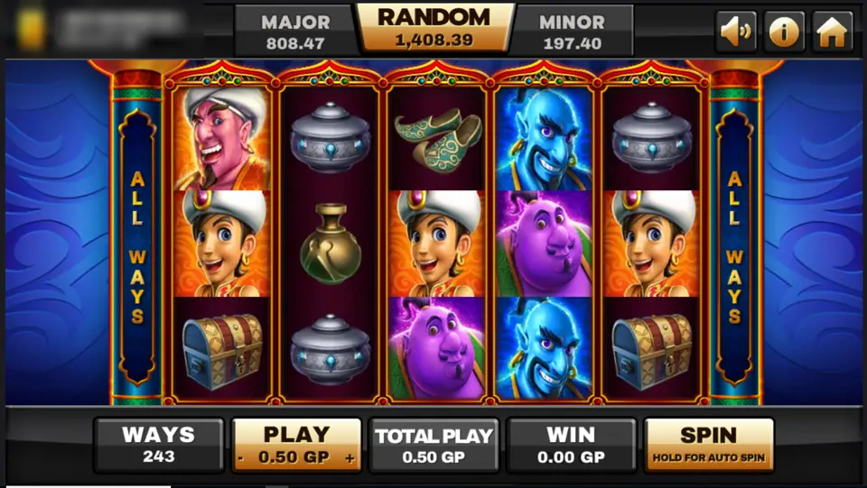 Aladdin slot on Joker123 with a boy in a white turban, blue and purple genies, pots, slippers and a treasure chest on the reels