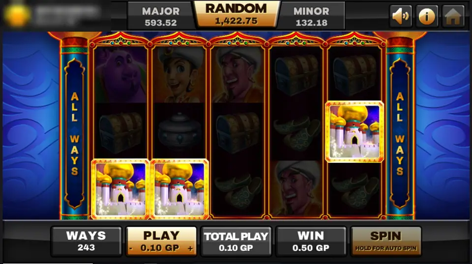 Three white palace symbols lit up on the Aladdin reels with the other symbols dimmed and a 0.50 win