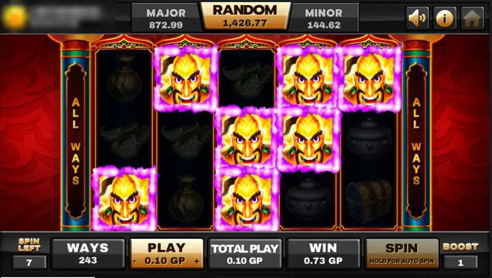 Aladdin free spins on a red background with golden genie masks stacked across the reels, Spin Left 7 and Boost 1