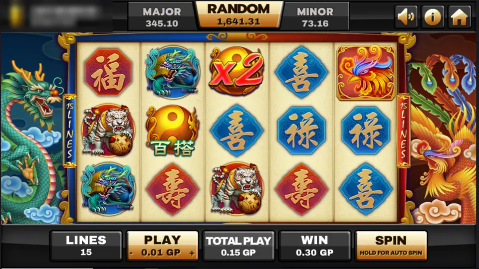 Joker123 slot filed as Archer, with a white tiger, a blue dragon beast, a phoenix, 福 喜 禄 寿 tiles, a yin-yang wild orb and an x2 orb