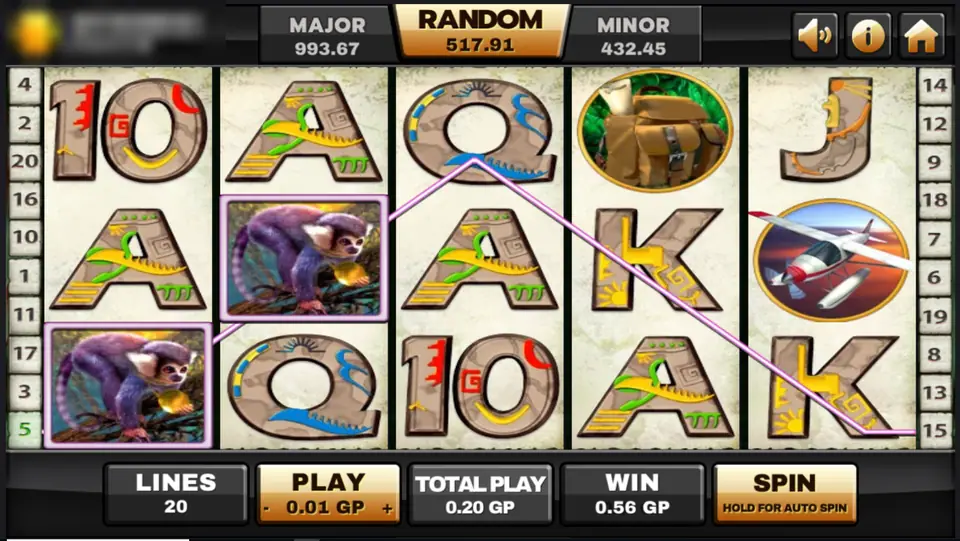 Azteca reels with a monkey on reels one and two and a win line running across to a seaplane on reel five