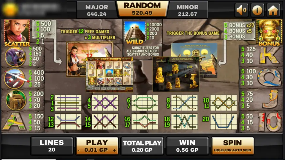 Azteca pay table with the explorer scatter, the temple wild, the idol bonus, 20 line diagrams and values for each symbol