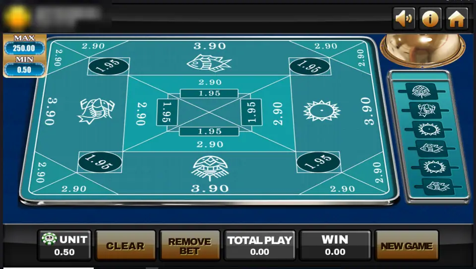 Belangkai board with the four pictures, the 3.90, 2.90 and 1.95 spots and a result column on the right