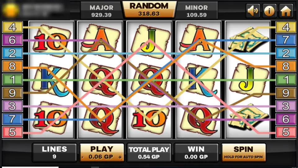 Captain's Treasure with all nine lines drawn across the reels in different colours before a spin