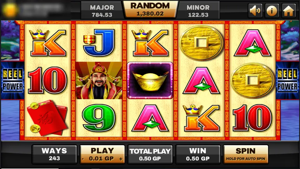 Choy Sun Doa reels with a gold ingot scatter on the middle reel and the God of Wealth wild on reel two