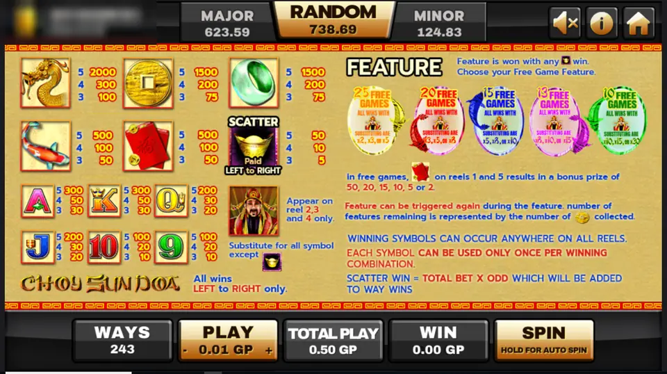 Choy Sun Doa pay table with the dragon, coin, jade ring, koi and envelopes, the ingot scatter and the five free-game eggs