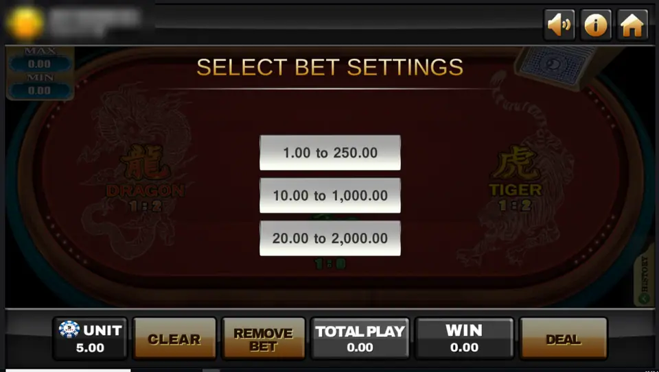 Dragon Tiger opening screen with the three bet ranges, 1 to 250, 10 to 1,000 and 20 to 2,000