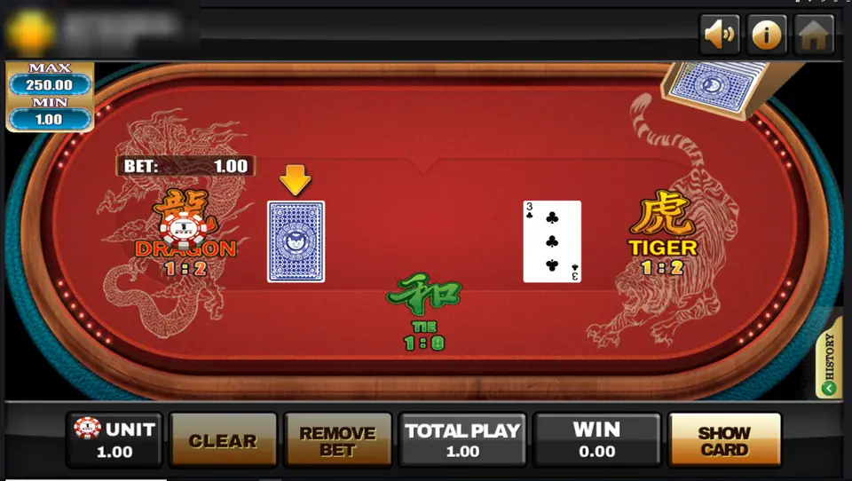 Joker123 Dragon Tiger table mid-round with a 1.00 bet on Dragon, its card face down and a 3 of clubs on the Tiger side
